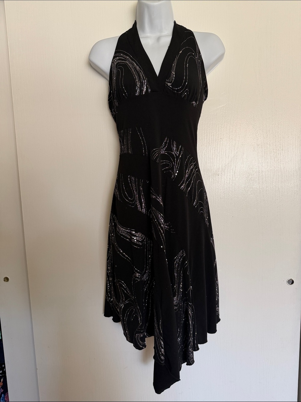 Black Halter Maxi Dress with Silver Swirl Accents Y2K